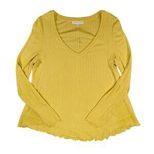 Jane & Delancey Yellow Ribbed V Neck Lettuce Hem Flowy Top Women M Casual